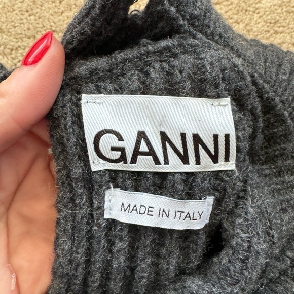 Ganni- Charcoal Grey Wool Longsleeve Cutout Ruffle Peplum Sweater - Picture 6 of 11